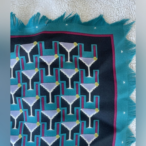 Tory Burch Martini Glass Art Deco Silk Neckerchief Square Scarf - 18” X 18” 💙🩵 - Picture 12 of 16